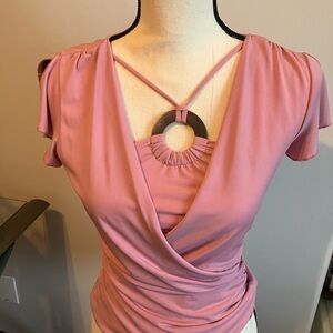 BCX Pink Flutter Sleeve Wrap Blouse